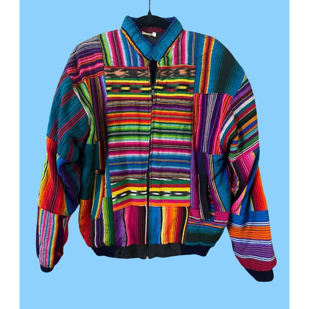 Multi-colored Women’s ethnic Blanket Patchwork Jacket zip size XL